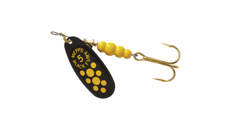 Mepps Black Fury Spinners 1/6oz Yellow Dot