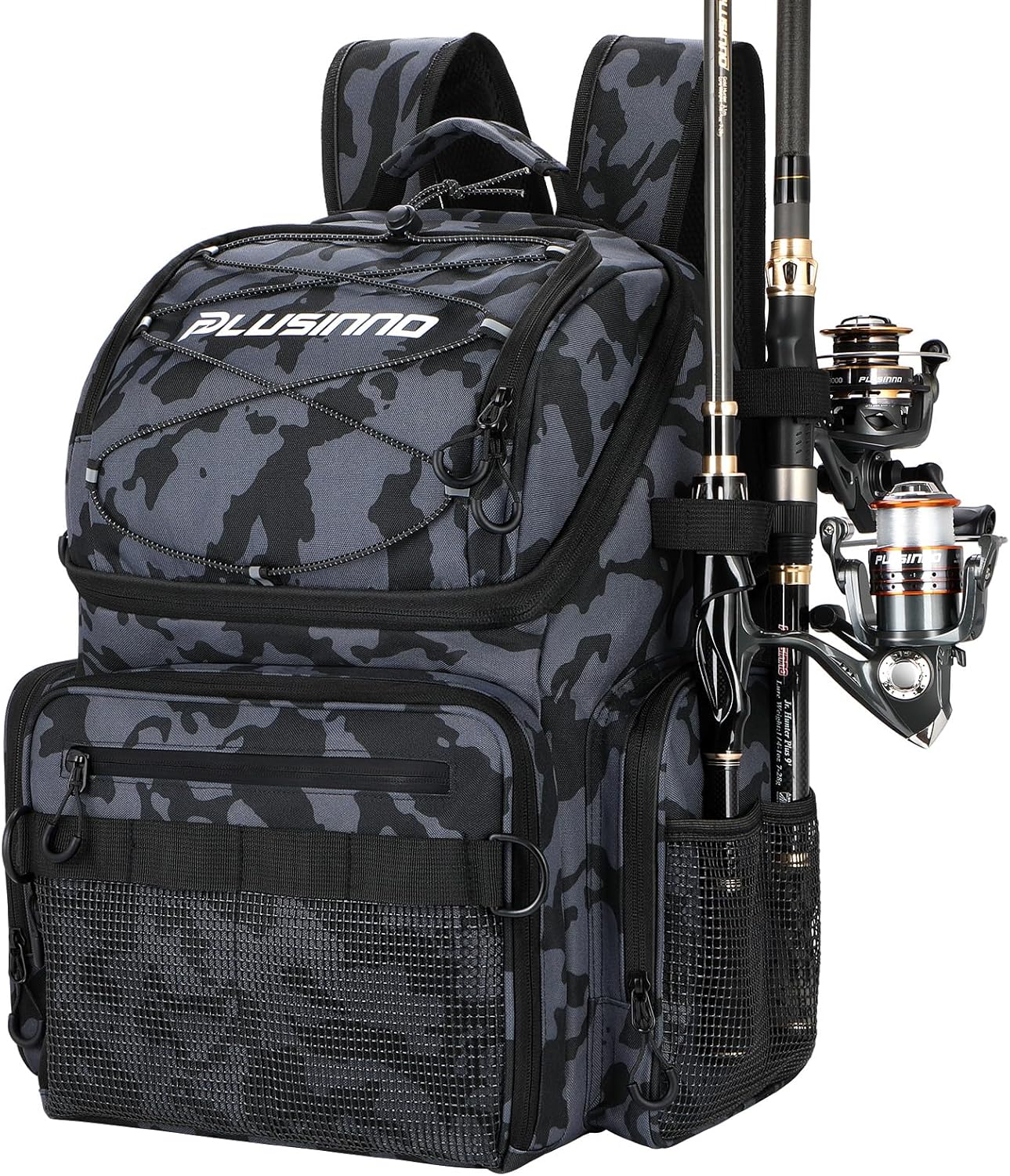 PLUSINNO 45L Large Water-resistant Backpack with Rod Holders & Cooler-Gray